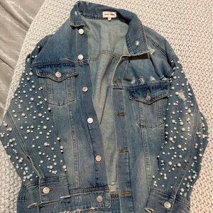 Stylish Blue Denim Jacket with Pearl Details